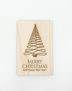 Houten kaart "Merry Christmas and Happy New Year" - Kerstboom